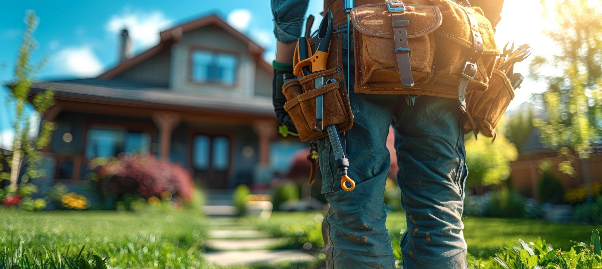 Contractor w toolbelt standing in front of house AdobeStock_804352288